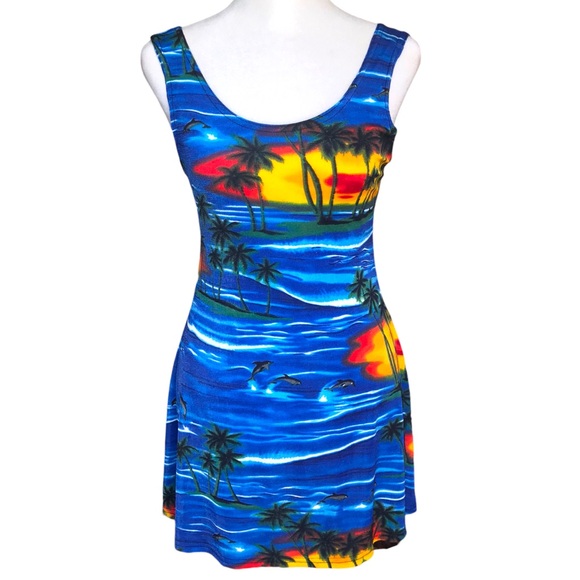 Womens Vintage Y2K Size Large Sleeveless Mesh Summer Tropical Print Mini Dress - Picture 9 of 11